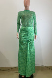 Green Elegant Print Patchwork Ruched Turtleneck Long Sleeve Two Pieces