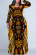 Yellow Casual National Totem Print Pocket Contrast O Neck Printed Plus Size Dresses