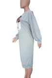 Grey Casual Print Patchwork Beading O Neck Long Dresses