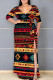 Black Red Casual Print Patchwork Slit Strap Design V Neck Long Plus Size Dresses