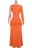 Orange Elegant Solid Color Patchwork Strap Design Deep V Neck Long Dresses