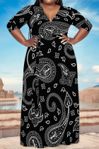 Black Casual Geometric Print Lace Up Contrast V Neck Printed Plus Size Dresses