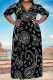Black Casual Geometric Print Lace Up Contrast V Neck Printed Plus Size Dresses