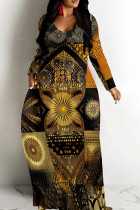 Black Gold Casual Print Patchwork O Neck Long Dresses
