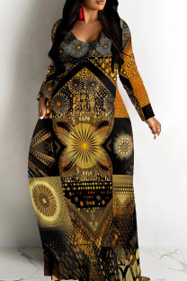 Black Gold Casual Print Patchwork O Neck Long Dresses