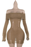 Brown Sexy Solid Color Patchwork Backless Off Shoulder Wrapped Skirt Dresses