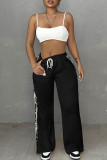 Grey Casual Print Pocket Patchwork Contrast Loose Mid Waist Straight Patchwork Bottoms