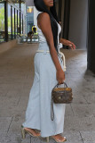 Light Gray Casual Solid Color Patchwork Strap Design Loose Mid Waist Patchwork Bottoms