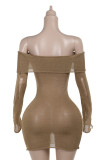 Brown Sexy Solid Color Patchwork Backless Off Shoulder Wrapped Skirt Dresses