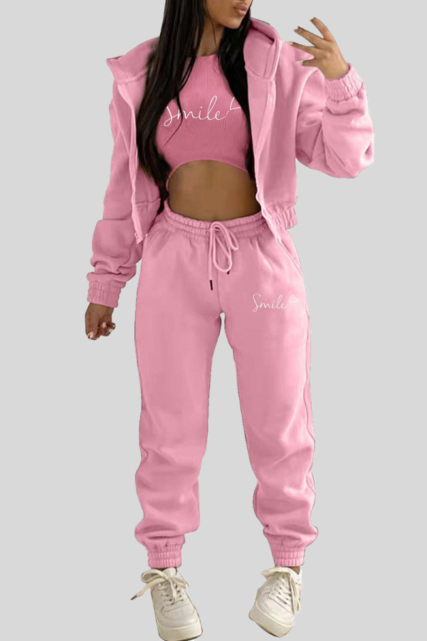 Pink Casual Print Draw String Pocket Patchwork Zipper Zipper Collar Long Sleeve Three Pieces