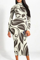 Beige Casual Geometric Print Gradient Contrast Half A Turtleneck Printed Dresses