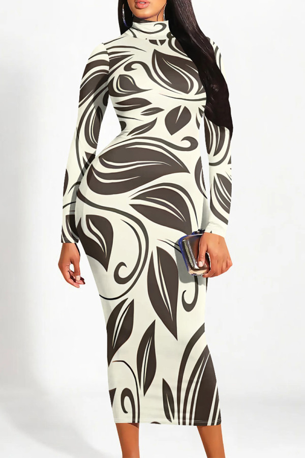 Beige Casual Geometric Print Gradient Contrast Half A Turtleneck Printed Dresses