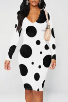 White Casual Print Patchwork V Neck Wrapped Skirt Dresses