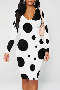 White Casual Print Patchwork V Neck Wrapped Skirt Dresses