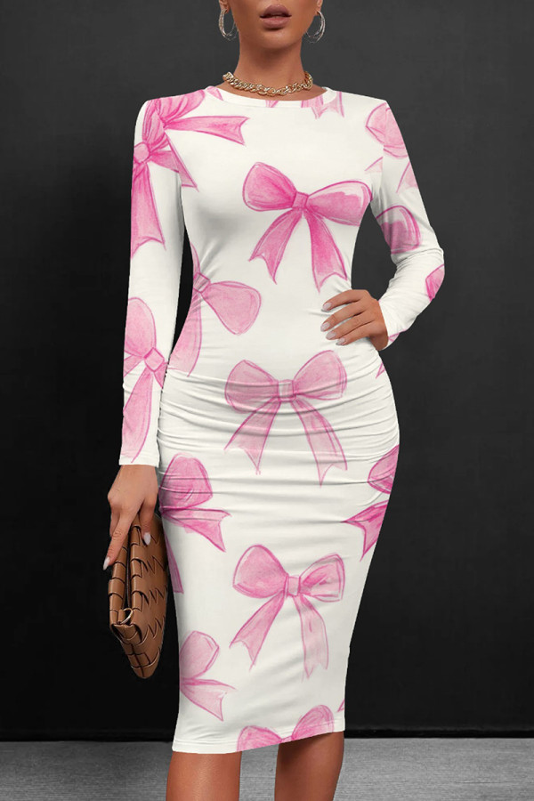 White Pink Casual Print Patchwork O Neck Wrapped Skirt Dresses