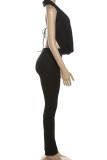Black Casual Solid Color Patchwork Ruched Deep V Neck Sleeveless Two Pieces
