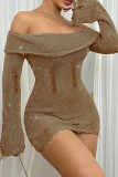 Brown Sexy Solid Color Patchwork Backless Off Shoulder Wrapped Skirt Dresses