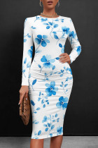 White Blue Casual Print Patchwork O Neck Wrapped Skirt Dresses