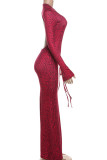 Red Elegant Print Patchwork Backless Strap Design O Neck Long Dresses
