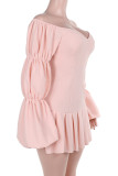 Pink Sexy Solid Color Patchwork Backless Off Shoulder A Line Dresses