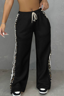 Black Casual Print Pocket Patchwork Contrast Loose Mid Waist Straight Patchwork Bottoms