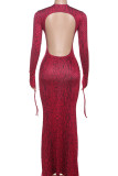 Red Elegant Print Patchwork Backless Strap Design O Neck Long Dresses