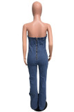 Deep Blue Sexy Solid Color Hollow Out Patchwork Zipper Strapless Regular Denim Jumpsuits