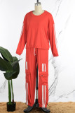 Red Casual Sportswear Daily Patchwork Plain Patchwork Draw String Pocket Pants O Neck Long Sleeve Two Pieces