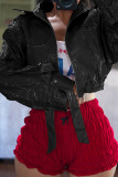 Red Street Solid Color Patchwork Zipper Zipper Collar Outerwear