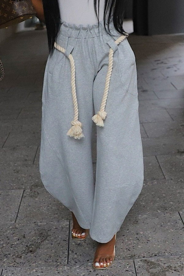 Light Gray Casual Solid Color Patchwork Strap Design Loose Mid Waist Patchwork Bottoms