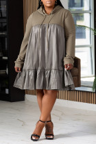 Khaki Casual Solid Color Draw String Patchwork Hooded Long Plus Size Dresses