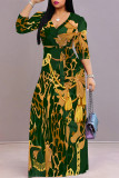 Tangerine Red Elegant Floral Print Lace Up Contrast V Neck Printed Dresses