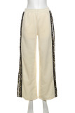 Grey Casual Print Pocket Patchwork Contrast Loose Mid Waist Straight Patchwork Bottoms