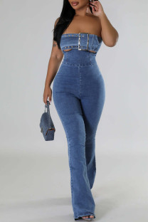 Deep Blue Sexy Solid Color Hollow Out Patchwork Zipper Strapless Regular Denim Jumpsuits