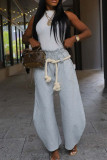 Light Gray Casual Solid Color Patchwork Strap Design Loose Mid Waist Patchwork Bottoms