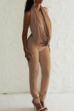 Black Casual Solid Color Patchwork Ruched Deep V Neck Sleeveless Two Pieces