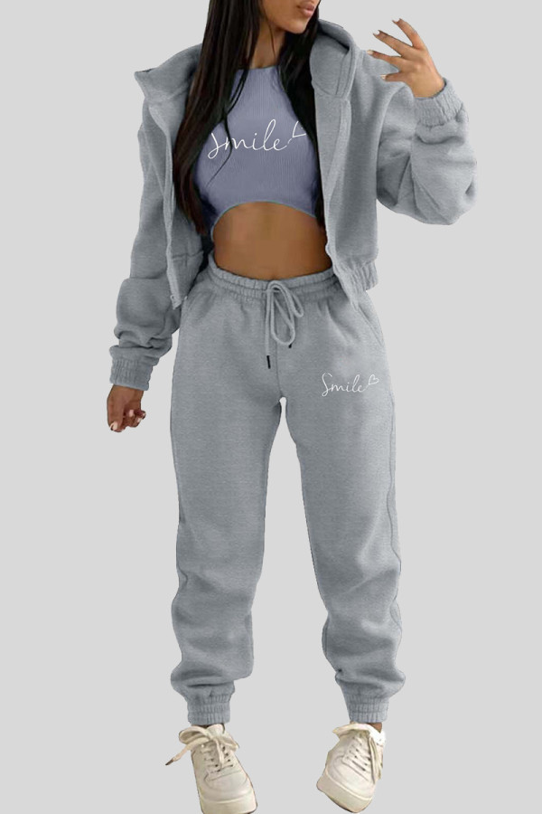 Grey Casual Print Draw String Pocket Patchwork Zipper Zipper Collar Long Sleeve Three Pieces