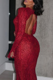 Red Elegant Print Patchwork Backless Strap Design O Neck Long Dresses
