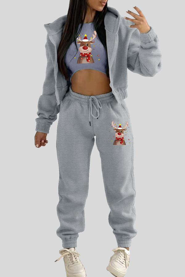 Grey Casual Print Draw String Pocket Patchwork Zipper Zipper Collar Long Sleeve Three Pieces