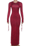 Red Elegant Print Patchwork Backless Strap Design O Neck Long Dresses
