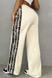 Grey Casual Print Pocket Patchwork Contrast Loose Mid Waist Straight Patchwork Bottoms