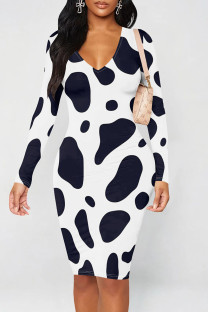 Black And White Casual Print Patchwork V Neck Wrapped Skirt Dresses
