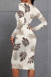 White Yellow Casual Print Patchwork O Neck Wrapped Skirt Dresses