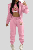 Pink Casual Print Lace Up Patchwork Zipper Zipper Collar Long Sleeve Three Pieces