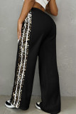 Grey Casual Print Pocket Patchwork Contrast Loose Mid Waist Straight Patchwork Bottoms