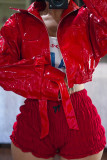 Red Street Solid Color Patchwork Zipper Zipper Collar Outerwear