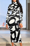 Coffee Casual Geometric Print Gradient Contrast Half A Turtleneck Printed Dresses