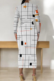 White Orange Casual Print Patchwork O Neck Wrapped Skirt Dresses