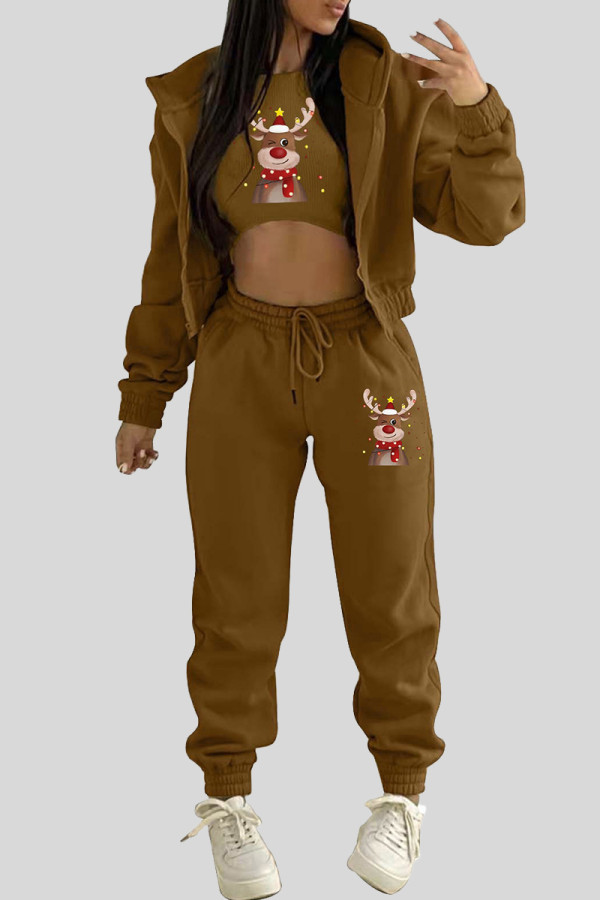 Brown Casual Print Draw String Pocket Patchwork Zipper Zipper Collar Long Sleeve Three Pieces