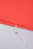 Red Casual Sportswear Daily Patchwork Plain Patchwork Draw String Pocket Pants O Neck Long Sleeve Two Pieces